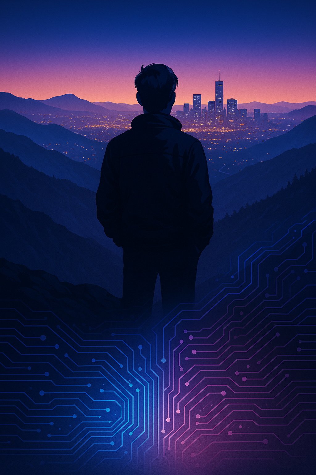 Mountain summit fading into a wireframe grid, symbolizing ‘distance → access’